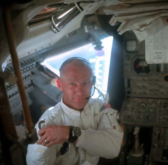Astronaut Edwin E. Aldrin Jr.,lunar Module Pilot, Works Inside The Lunar Module Lm