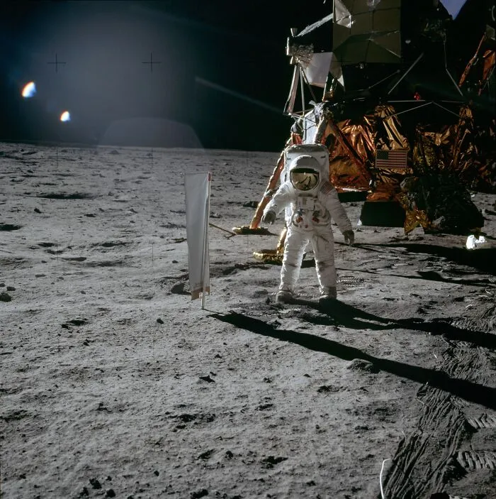 Astronaut Edwin Aldrin Stands Beside The Swc Experiment On The Lunar Surface