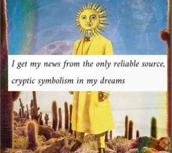 Surreal meme with sun-headed figure and text about decoding cryptic symbolism in dreams for intellectuals.