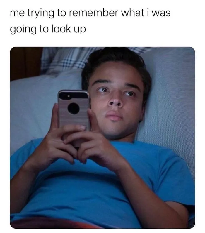 Young man lying in bed holding a phone with relatable energy meme about trying to remember what to look up.