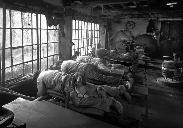 French Knife Grinders In Thiers From The Early 20th Century. They Would Work On Their Stomachs To Save Their Backs From Being Hunched All Day And Had Dogs Sit On Their Legs For Warmth