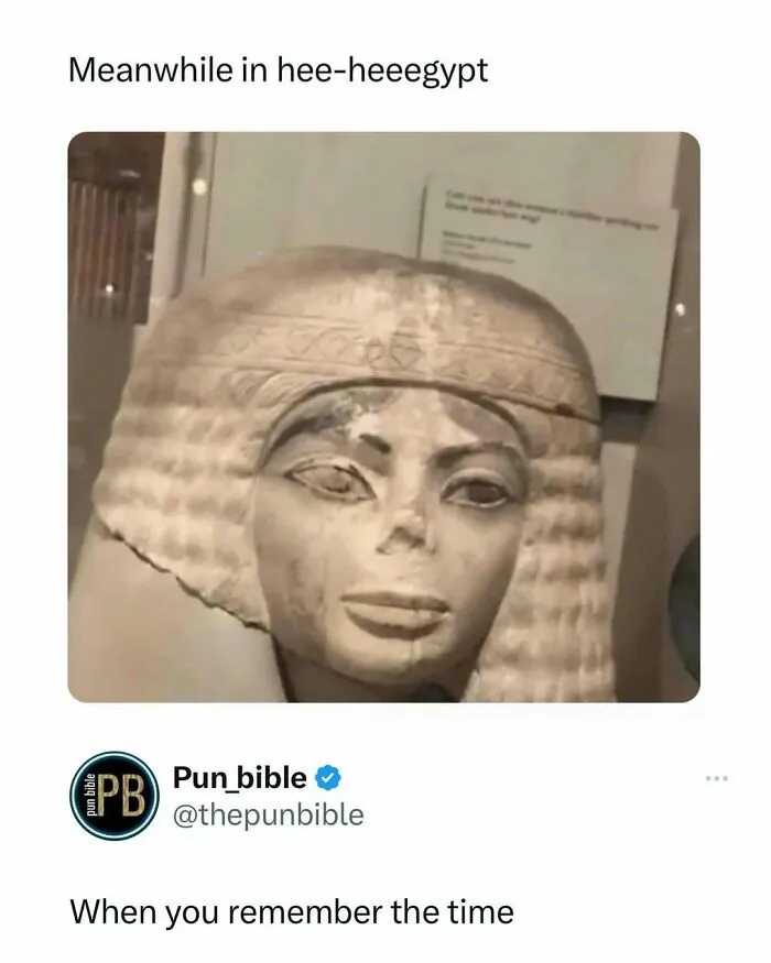 Ancient Egyptian statue with a pun caption, showcasing hilarious pun memes and clever wordplay comedy.