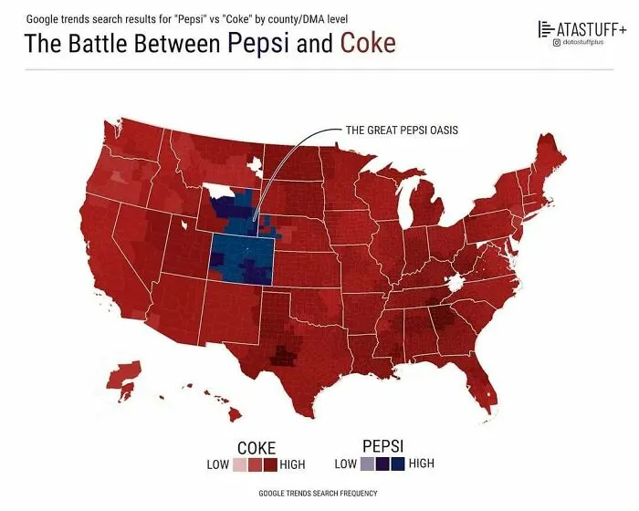 Map showing Google trends search frequency for Pepsi vs Coke by county, using charts and graphs for interesting information.