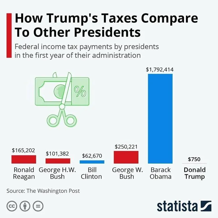 Bar chart showing federal income tax payments by US presidents in their first year, highlighting differences visually with data.