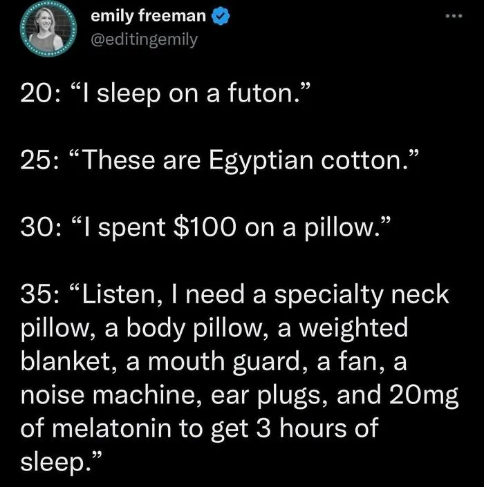 Tweet by Emily Freeman humorously describing the evolution of sleep habits, a relatable funny mom post about sanity breaks.