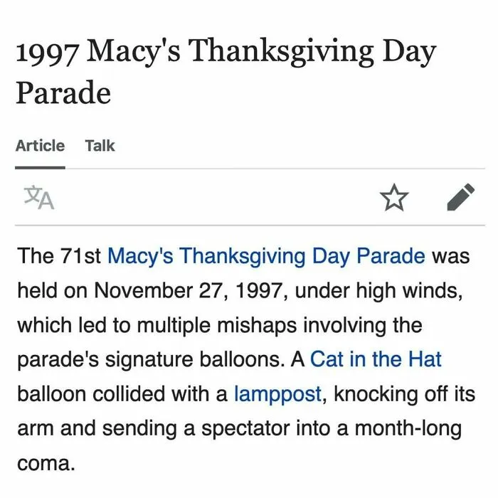 Snippet from Wikipedia article about the 1997 Macy's Thanksgiving Day Parade balloon mishaps and accidents.