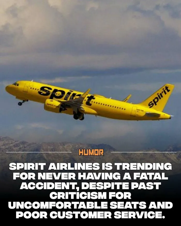 Yellow Spirit Airlines plane flying above mountains with a humorous fact to satiate brain cravings for new knowledge.