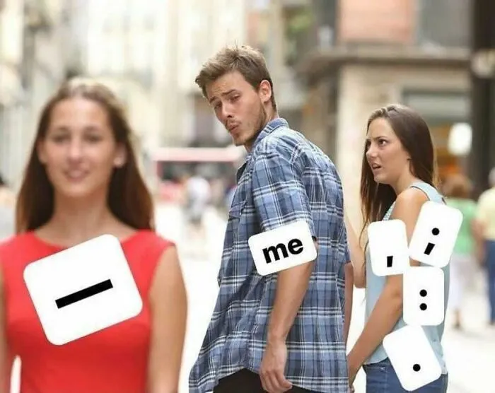 Man labeled me turning to look at a symbol while woman labeled i looks annoyed in a meme for intellectuals.