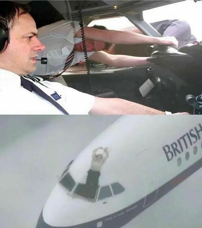 Pilot wearing a headset inside a cockpit; humorous historical image of a pilot leaning out of an airplane window.