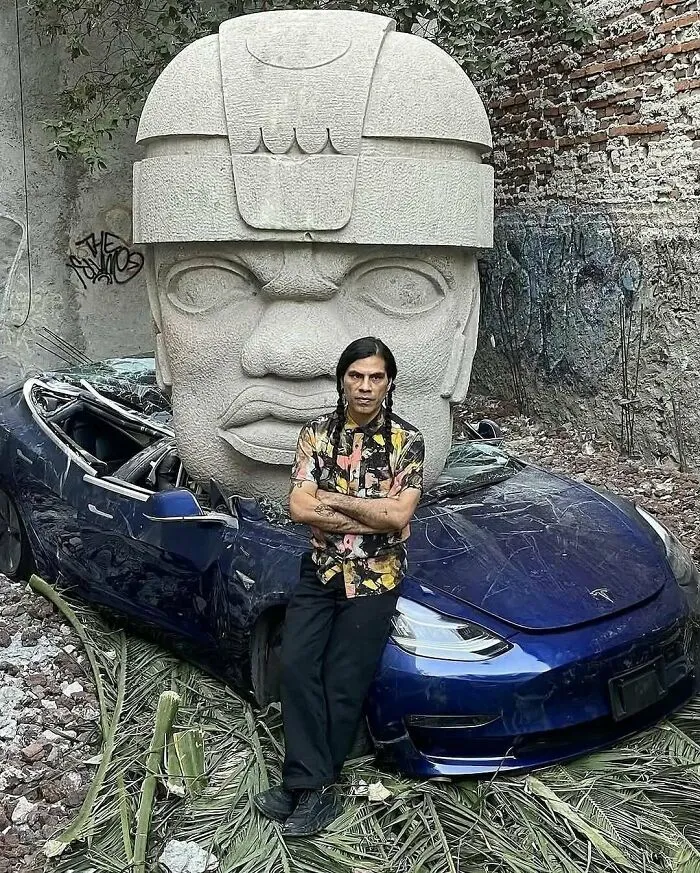 In 2024 Mexican Artist, Chavis Mármol, Crushed A Tesla With A 9 Ton Olmec Head And Said He Wanted To “Crush An Object That Represents A Sinister Figure Like Elon Musk”