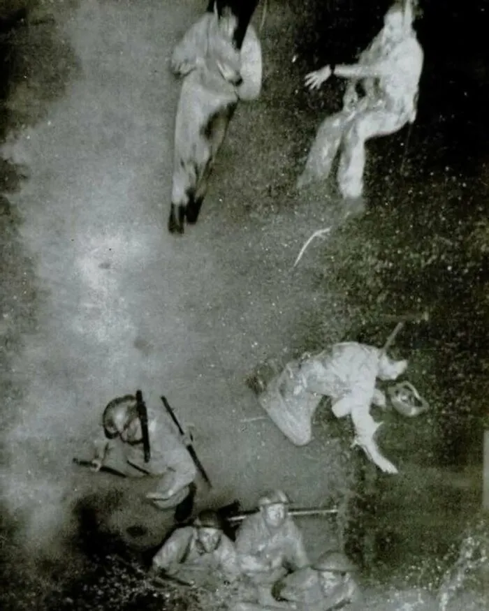 Black and white historic photo showing soldiers in combat, illustrating weird things about history from Instagram account.