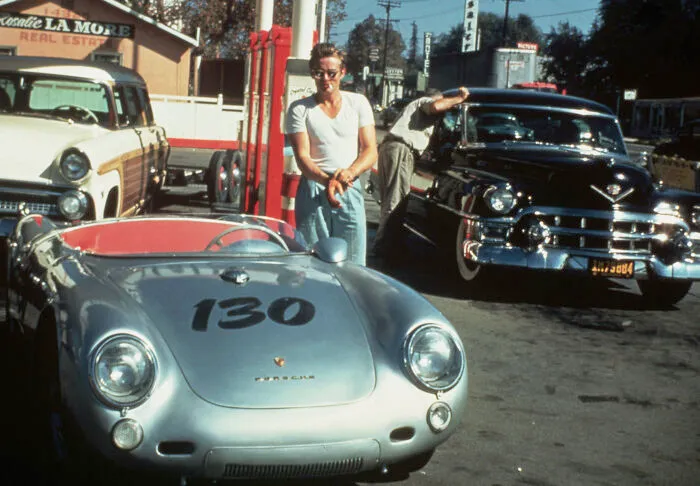 James Dean At A Gas Station With His Silver Porsche 550 Spyder He Named Little Bastard, Just Hours Before His Fatal Crash