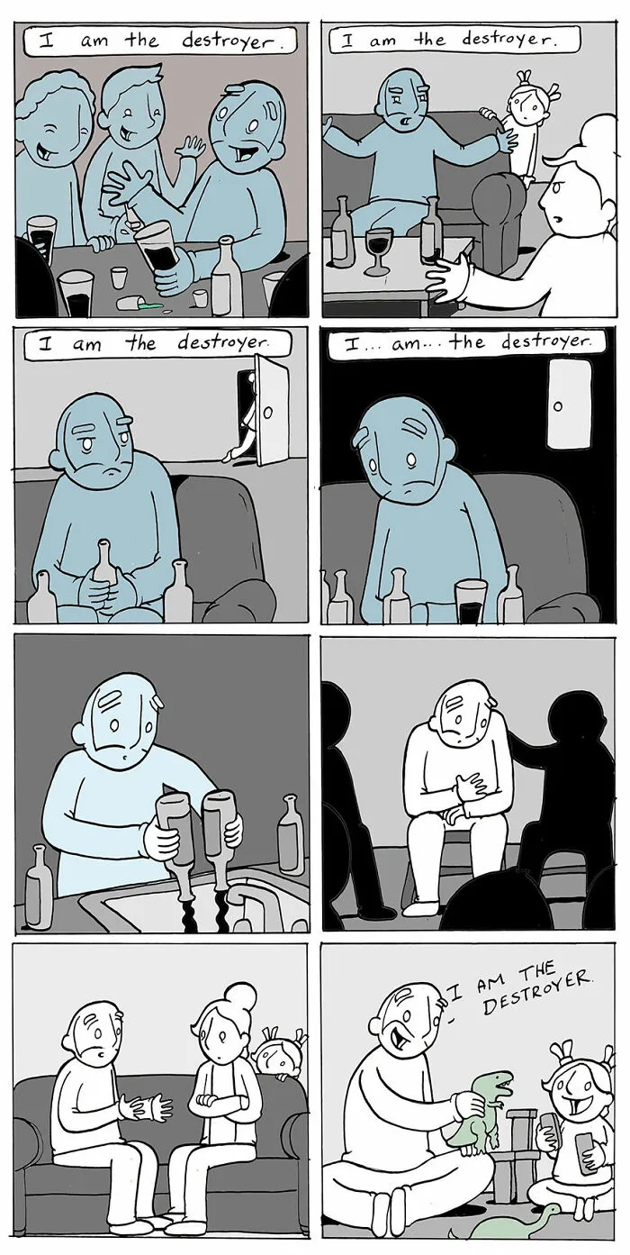 Comic panels by Lunarbaboon showing how kindness can change a person's mindset and bring connection through simple acts.