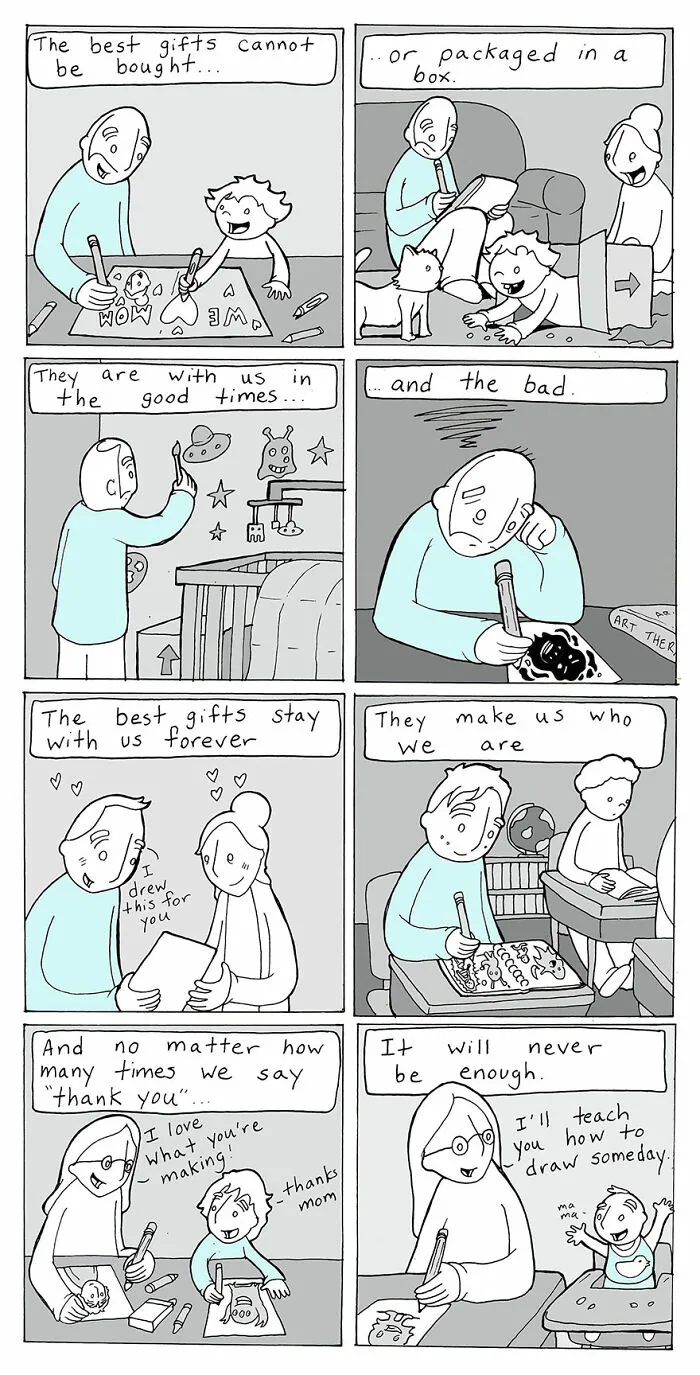 Comic panels showing kindness and connection through drawing, emphasizing how kindness can change things in everyday life.