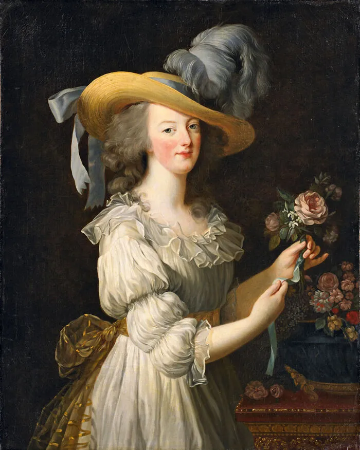 Portrait of a famous historical figure in a white dress and feathered hat, showcasing attractive looks from history.