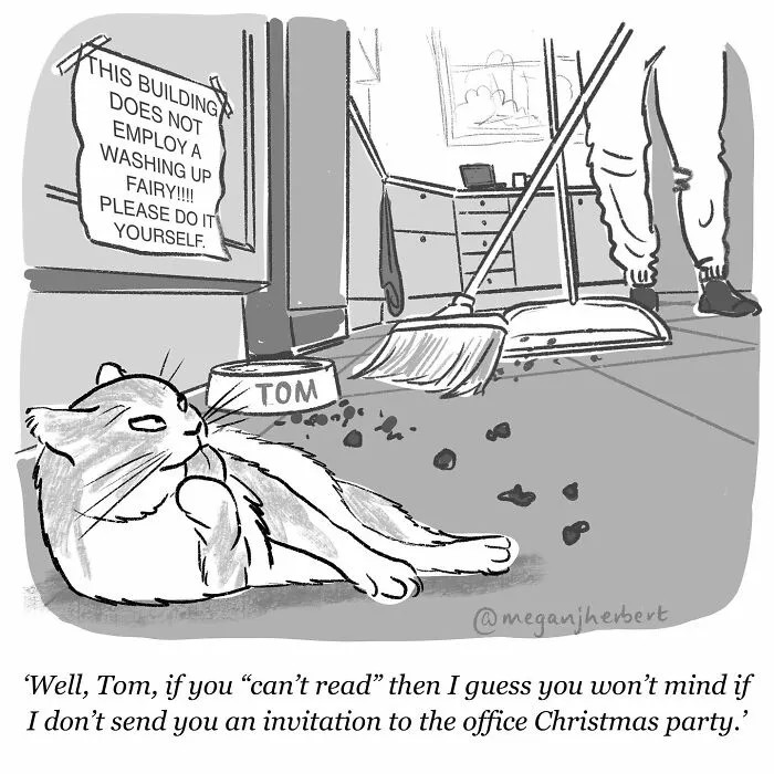 Black and white cartoon comic of a cat ignoring a cleaning sign, from a multitalented cartoonist creating funny comics.