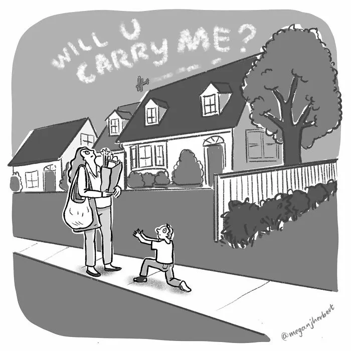 Black and white cartoon showing a child proposing with skywriting while parents stand on the sidewalk with groceries funny comics.