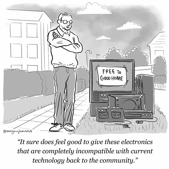 Cartoonist creating funny comics about outdated electronics given away for free to the community.