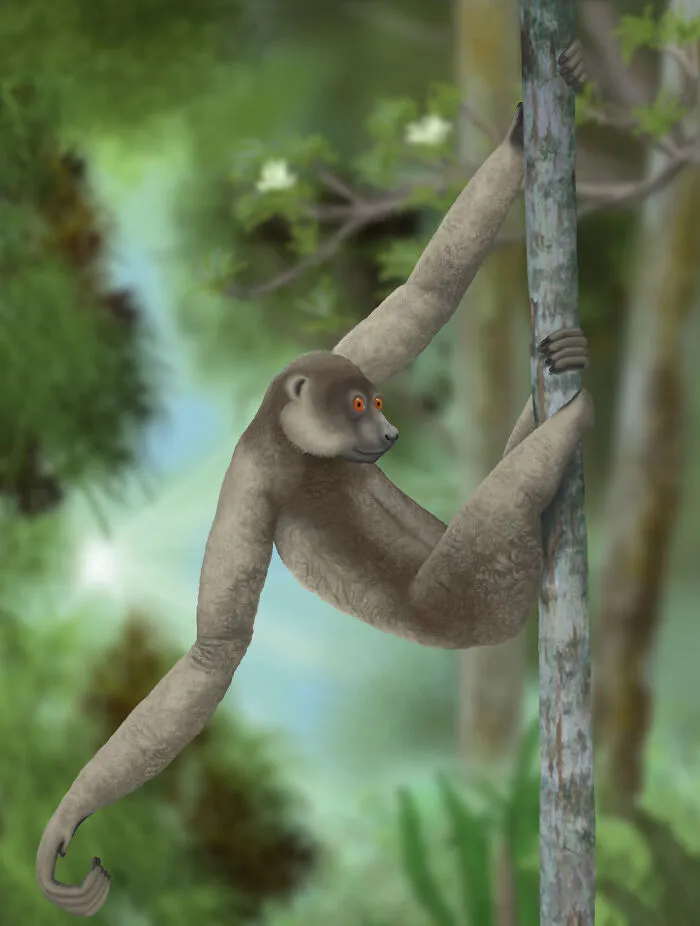 Illustration of an extinct animal hanging from a tree in a forest, highlighting animals that sadly went extinct.