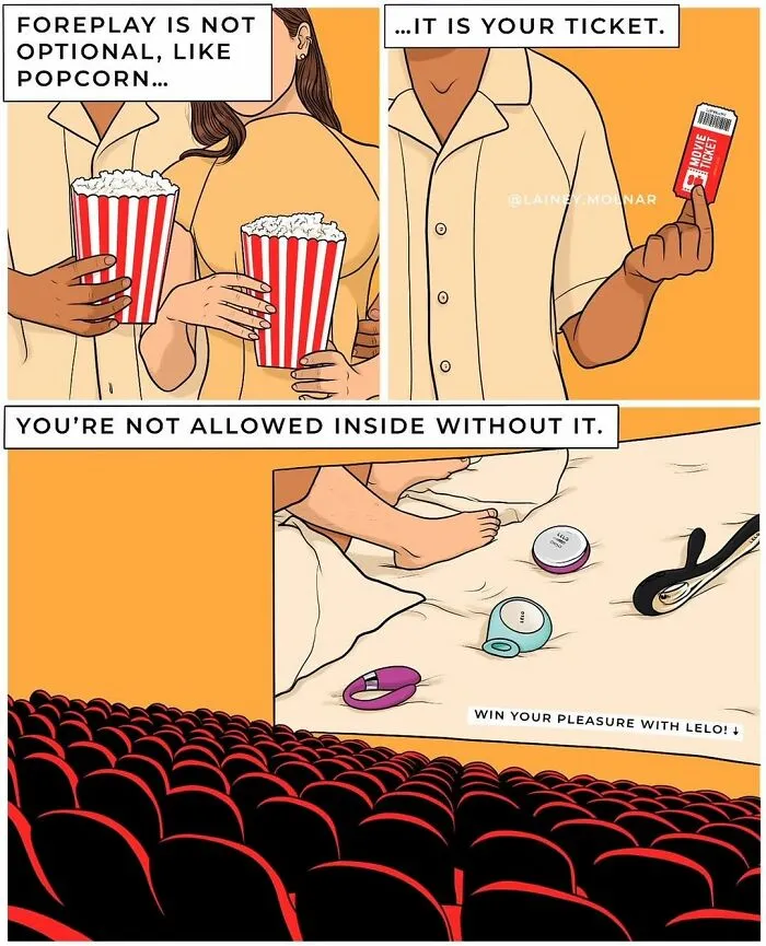 Couple holding popcorn and movie ticket with intimate items on bed, exploring gender expectations in a comic style.