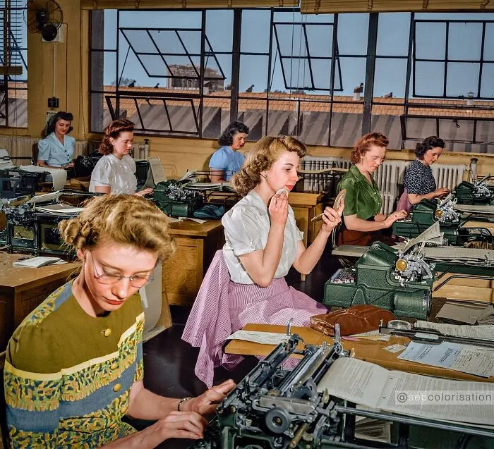 Chrysler Corporation Office Workers Typing Various Forms. Detroit Michigan. Photographed By Arthur Siegel In May 13, 1942