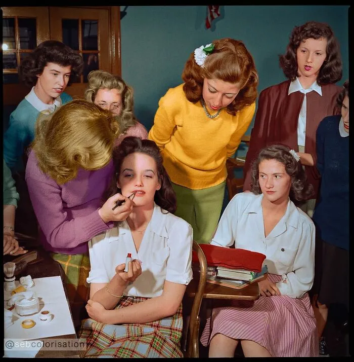 Demonstration Of The Correct Procedure In Applying Street Makeup In A Home Management Class At Woodrow Wilson High School, Washington, D. C. Photographed By Esther Bubley In October 1943