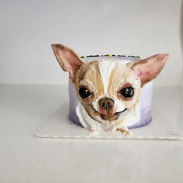 Pet-themed cake shaped like a realistic chihuahua head, showcasing the artist's skill in capturing unique pet personality.
