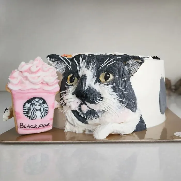 Detailed pet-themed cake shaped like a black and white cat next to a pink whipped cream drink cake.