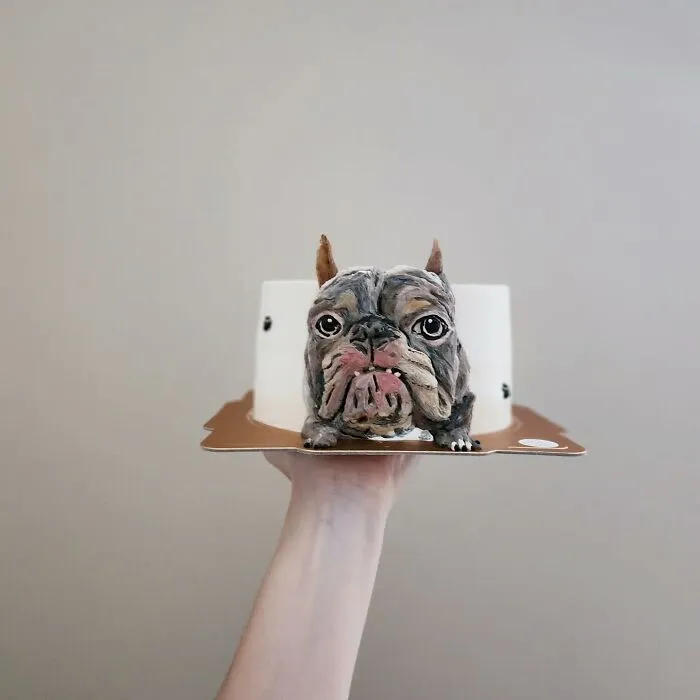 Hand holding an adorable pet-themed cake shaped like a bulldog, highlighting artist's skill in capturing unique pet personality.