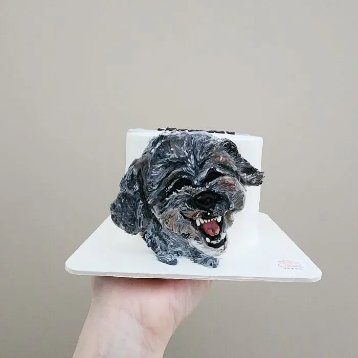 Hand holding a pet-themed cake with an adorable black and gray dog face capturing its unique personality.
