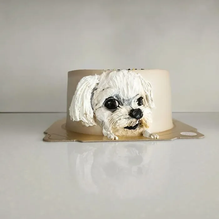 Cake featuring a realistic pet-themed design of a white dog, showcasing the artist's skill in capturing unique pet personality.