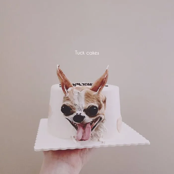 Pet-themed cake shaped like a happy dog with big eyes and tongue out, capturing the pet’s unique personality.