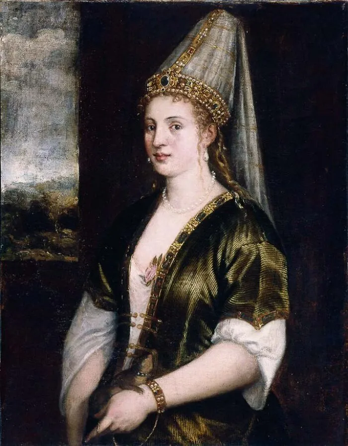 Portrait of a historical figure wearing a detailed headdress and rich clothing, showcasing famous names from history good looking.