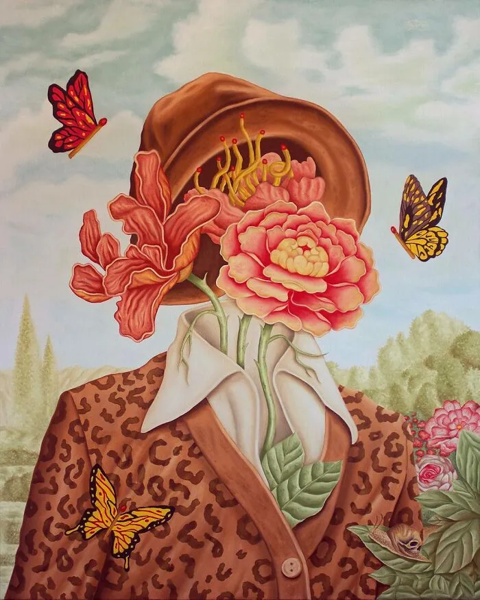 Surreal painting of a flower-faced figure in a leopard print coat with butterflies, evoking vivid dreamlike imagery.