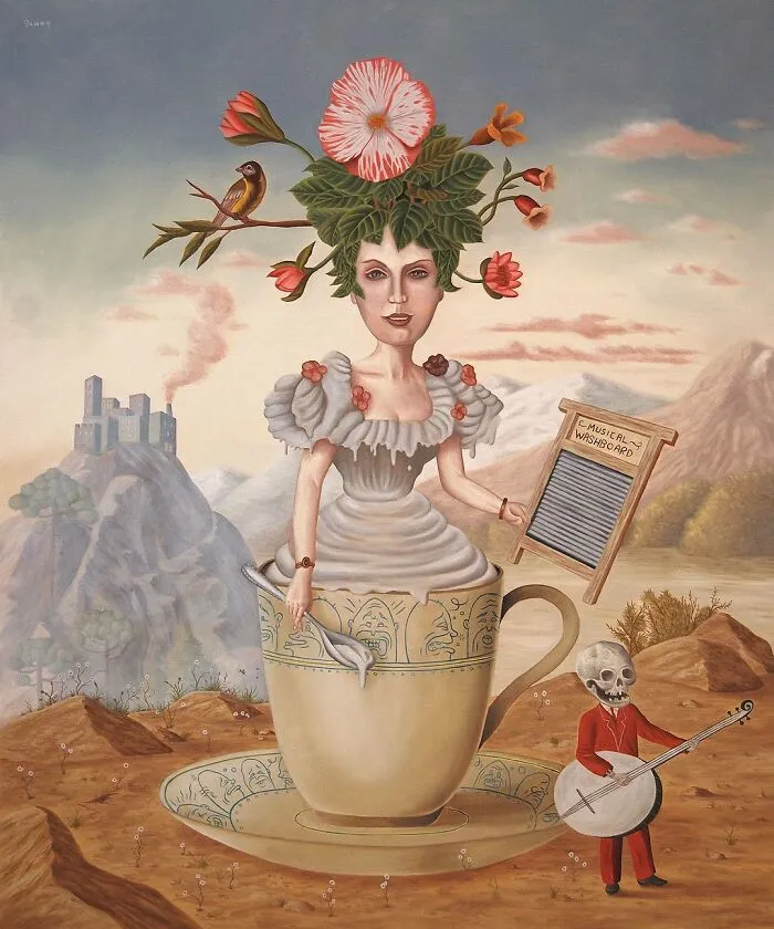Surreal painting of a woman with flowers for hair in a teacup and a skeleton playing banjo in a dreamlike landscape.