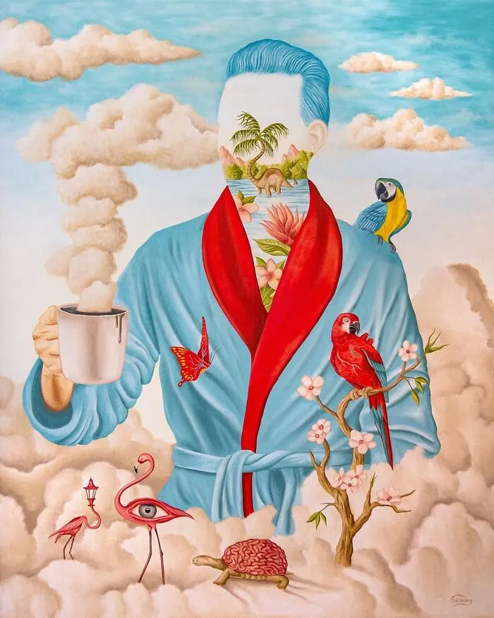 Surreal painting of a faceless man in a robe with nature, animals, and clouds blending into dreams come to life.