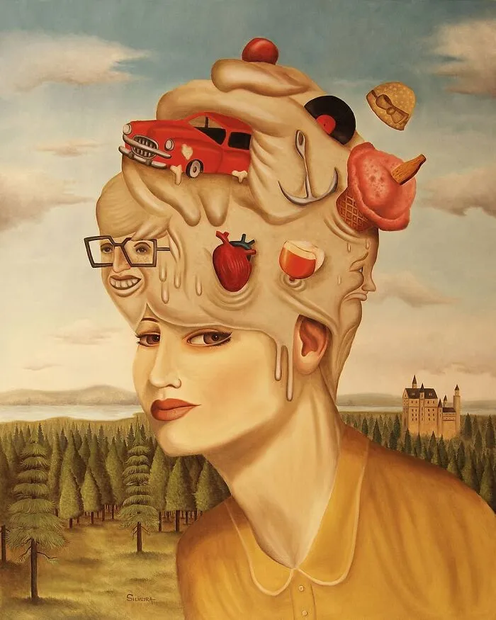 Surreal painting of a woman with melting features and dreamlike objects in her hair, showcasing vivid dreams come to life.