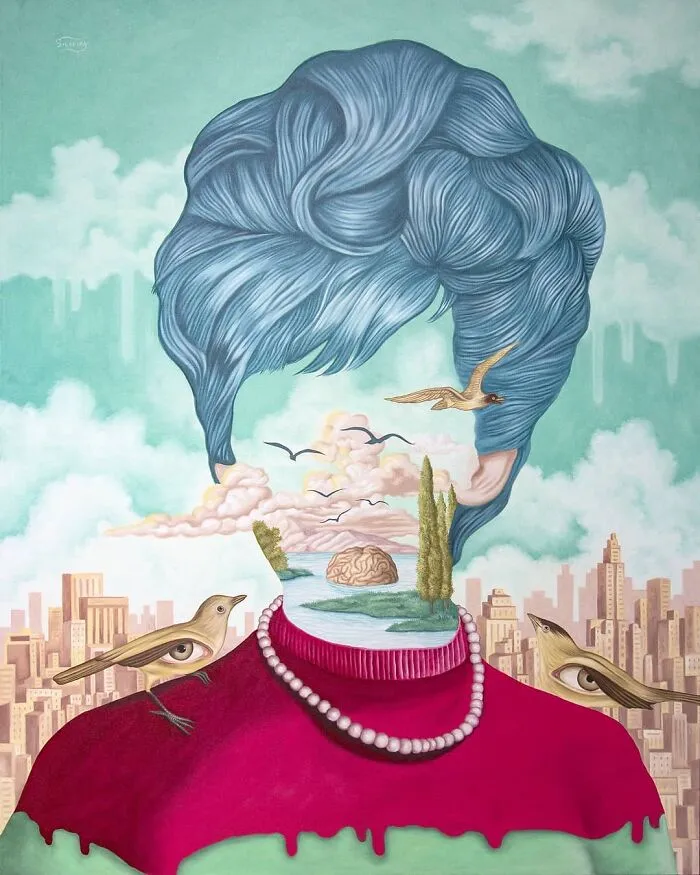 Surreal painting of a woman with a dreamlike landscape face, birds perched on her shoulders, blending vivid surreal art elements.