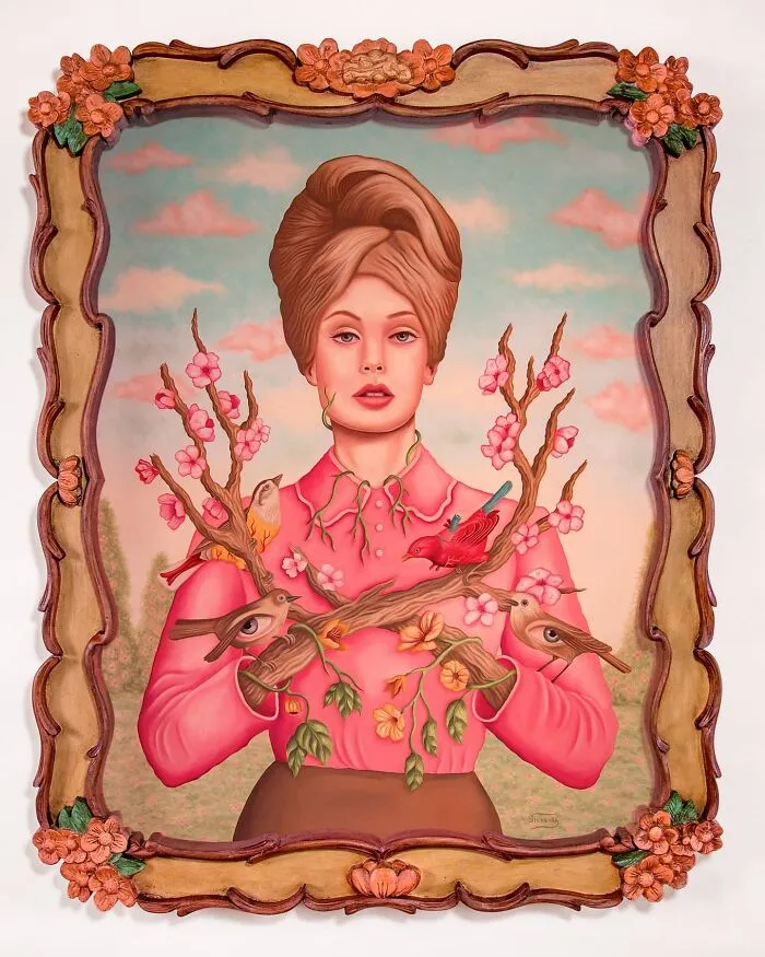 Surreal painting of a woman with branches and birds, blending vivid dreamlike elements in a detailed floral frame.