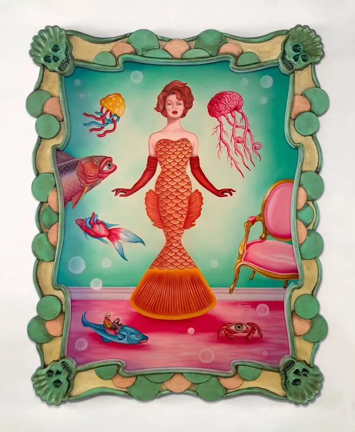 Surreal painting of a mermaid woman surrounded by sea creatures and objects in a vivid dreamlike underwater scene.