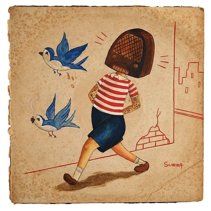 Surreal painting of a figure with a radio head and birds, showcasing vivid dreamlike art by the artist.