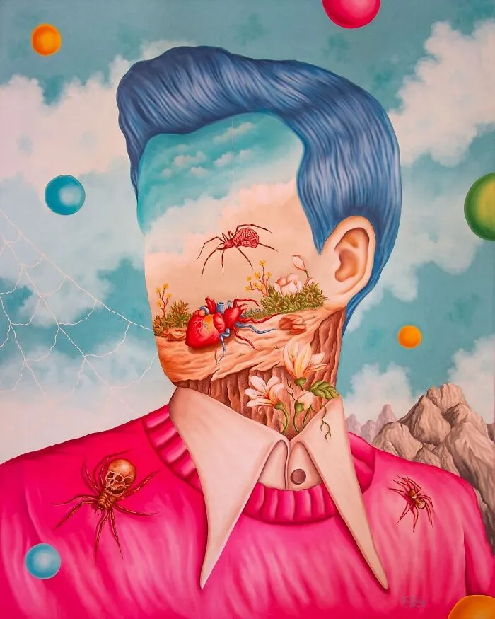 Surreal painting of a faceless figure with vivid dream-like elements and colorful balloons in a surreal landscape.