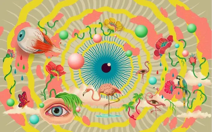 Surreal painting featuring vivid dreamlike elements like eyes, flamingos, flowers, and floating colorful spheres in a dynamic composition.