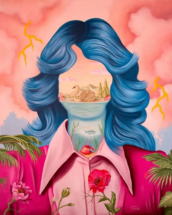 Surreal painting of a faceless person with blue hair blending vivid dreams and nature in a surreal artwork.