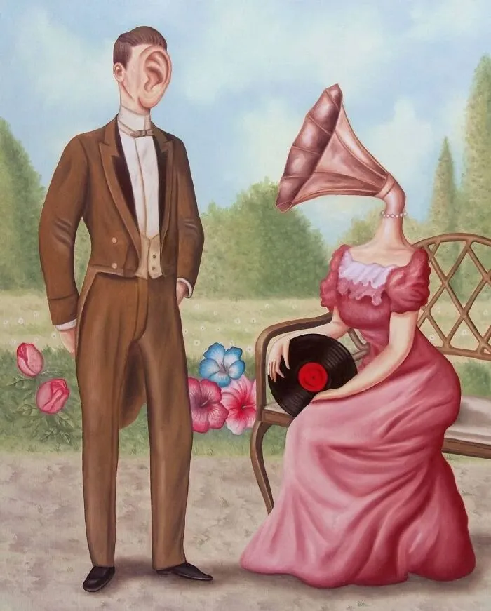 Surreal paintings showing a man with an ear face and a woman with a gramophone head holding a vinyl record.