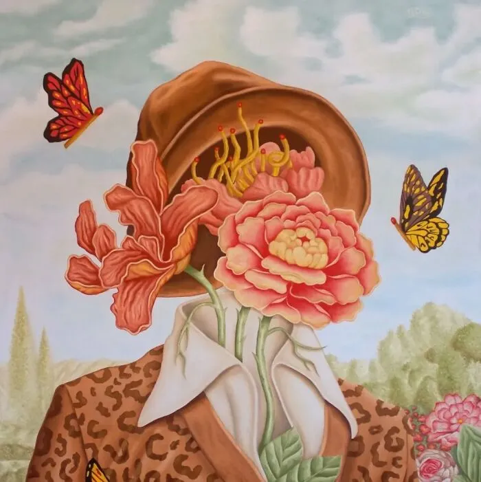 Surreal painting of a faceless figure with vibrant flowers and butterflies, capturing vivid dreamlike art.