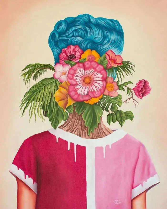 Surreal painting of a figure with blue hair and flowers growing from the head, vibrant vivid dreams come to life artwork.