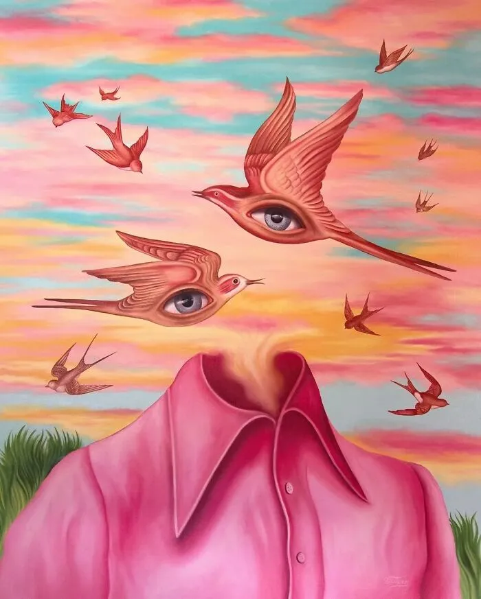 Surreal painting of a headless figure with birds that have eyes flying against a vivid dreamlike colorful sky.