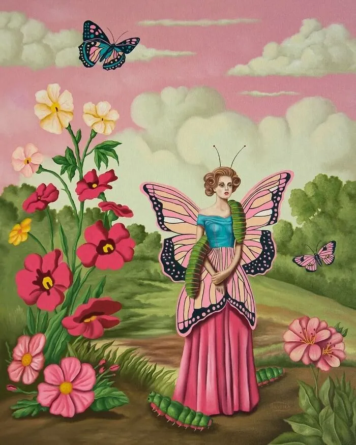 Surreal painting of a woman with butterfly wings surrounded by flowers and caterpillars in a vivid dreamlike landscape.