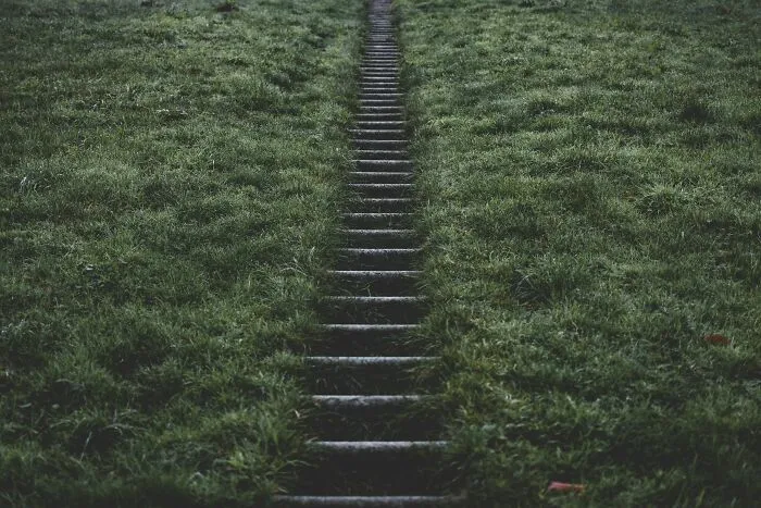 Stone steps leading upwards through a grassy area, symbolizing the journey of people falling for fictional things never real.